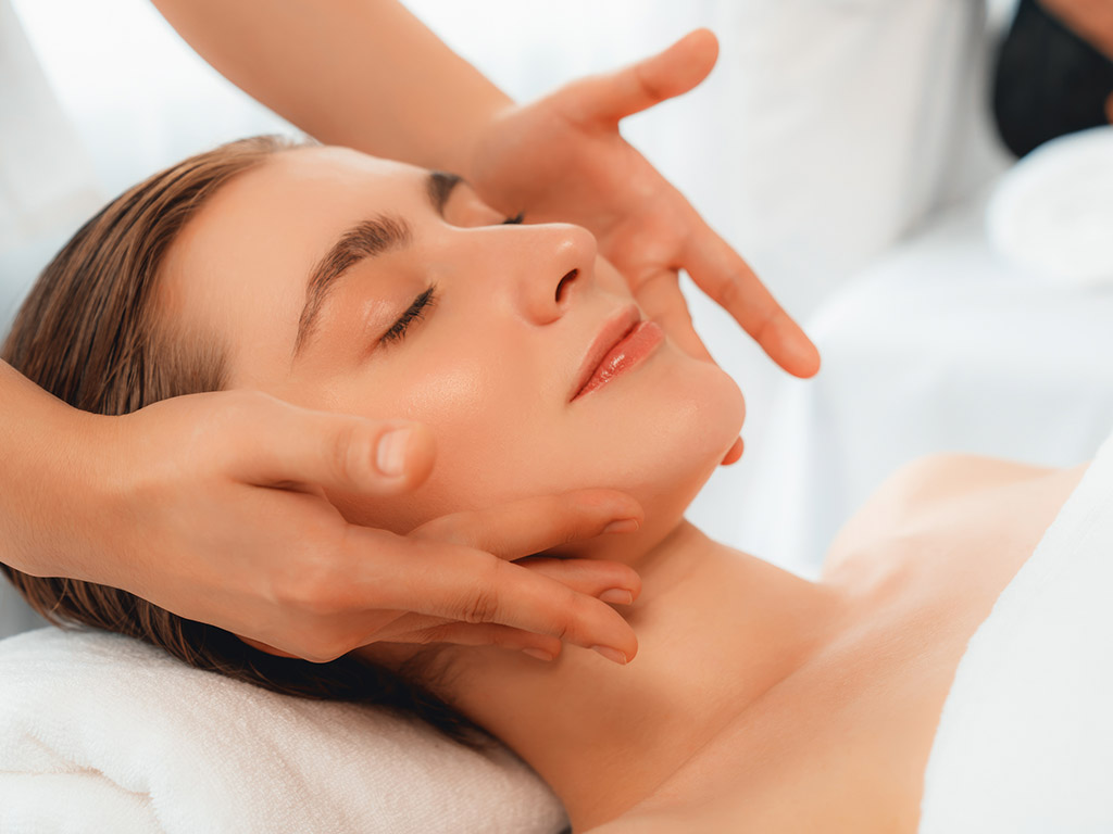 Caucasian couple enjoying relaxing anti-stress head massage. Quiescent